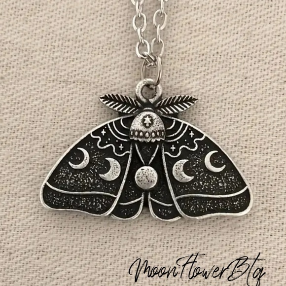 Celestial Moth Pendant Necklace • Moon Phase Boho Goth Jewelry - Picture 3 of 4